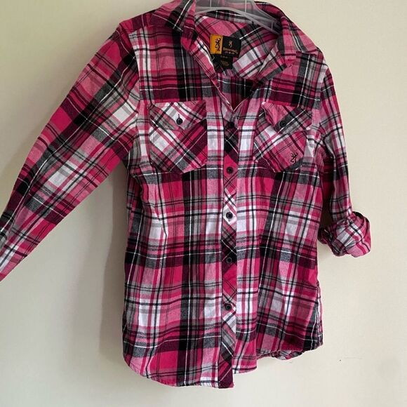 Browning Pink and Black Plaid Button up Blouse Top - Picture 2 of 5